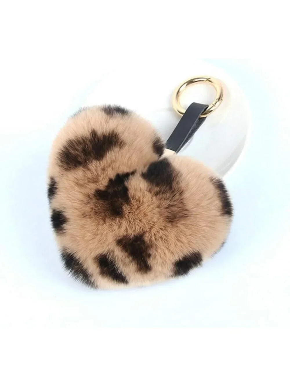 Fluffy Heart Shaped Rex Rabbit Fur Pompom Keychain Bag Charm Ring - Cute